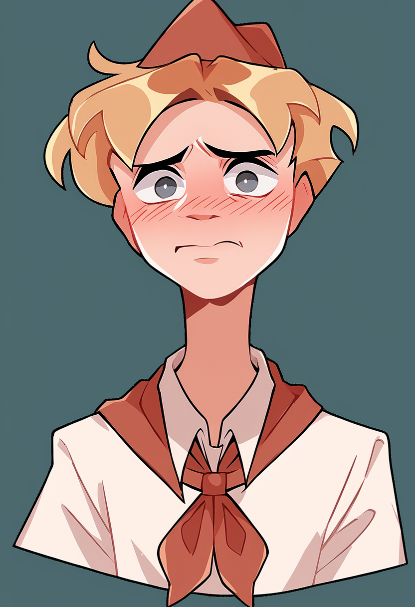 score_9, score_8_up, score_7_up, best quality, highres, blonde hair, solo, shirt, white shirt, simple background, short hair, upper body, 1boy, neckerchief, grey eyes, hat, red neckerchief, embarrassed, looking at viewer, <lora:VladikVk_stikersÐÐ»Ð°Ð´Ð¸Ðº:1>