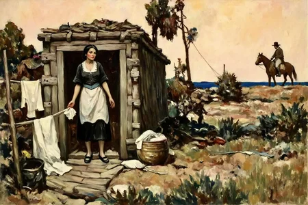 schoonover1 illustration.
A woman stands near a rustic shelter made from wooden planks with a thatched roof. She wears a black dress with a white apron and holds a white cloth in her hands, possibly laundry. Her dark hair is tied back, and she has a contemplative expression. On the right in the background, there is a man riding a horse in the distance <lora:schoonover1_cap_d6a3e11:1.0><lora:831471631172972991:0>