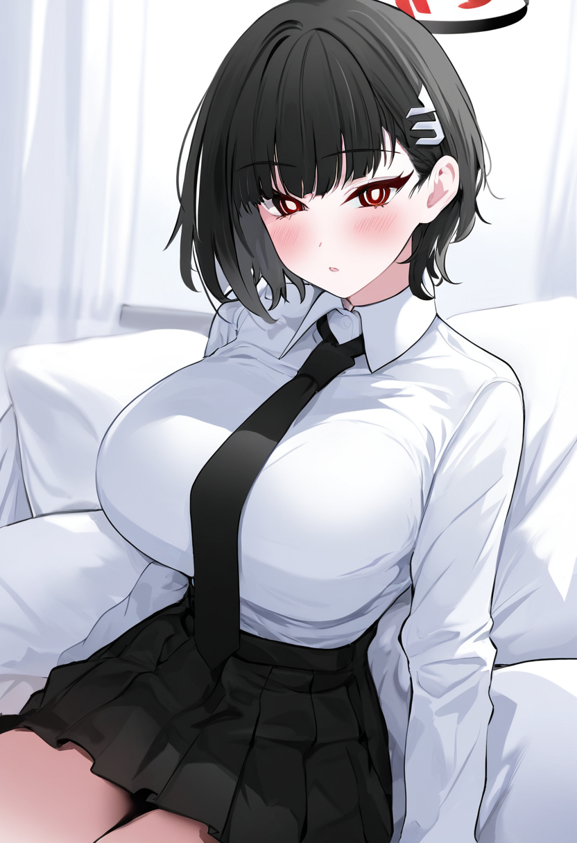 blue archive, rio \(blue archive\), 1girl, alternate hair length, alternate hairstyle, black hair, black skirt, blush, breasts, bright pupils, collared shirt, hair ornament, hairclip, halo, large breasts, long sleeves, looking at viewer, necktie, pillow, red eyes, shirt, short hair, sitting, skirt, solo, white pupils, white shirt, masterpiece, best quality, good quality