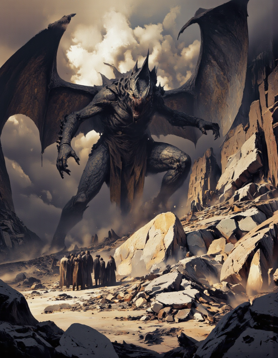 Art by Piotr JabÅoÅski. A dramatic digital illustration shoot from below about a large, menacing dragon towering over a rocky landscape, with a group of small, dark-skinned figures standing in front of it. the scene is set in a dimly lit, smoky environment with rocks and debris scattered around, and the atmosphere is ominous and foreboding. in the center of the image, the dragon appears to be in a state of power, with its wings spread wide and its mouth open, as if roaring. the dragon's scales are detailed and textured, and its eyes are glowing with a menacing intensity. on the left side of the dragon, the group of figures are standing close together, looking up at the dragon with a sense of awe and fear. the figures appear to be of unknown age, and they are all facing the same direction, but their faces are not visible due to the size difference between the dragon and the group. the overall effect is one of chaos and destruction, with the dragon dominating the scene.