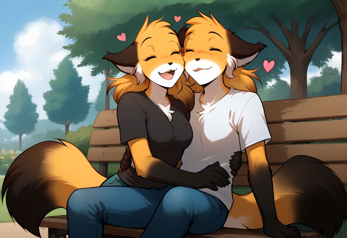 score_9, score_8_up, score_7_up, score_6_up, source_furry, rating_explicit, duo, duo focus, anthro male fox, fox, anthro, Perfect Hands, 1boy, happy expression, laughing, park, Sitting on a bench, thin waist, flat stomach, lean, eyes contact, black T-shirt, jeans
BREAK
score_9, score_8_up, score_7_up, score_6_up, source_furry, rating_explicit, duo, duo focus, female, mike-twokinds, Perfect Hands, 1girl, happy expression, laughing, park, Sitting on the guy's lap, thin waist, flat stomach, lean, eyes close, furry fox paws, white T-shirt, cute shorts, floating hearts, medium breasts
