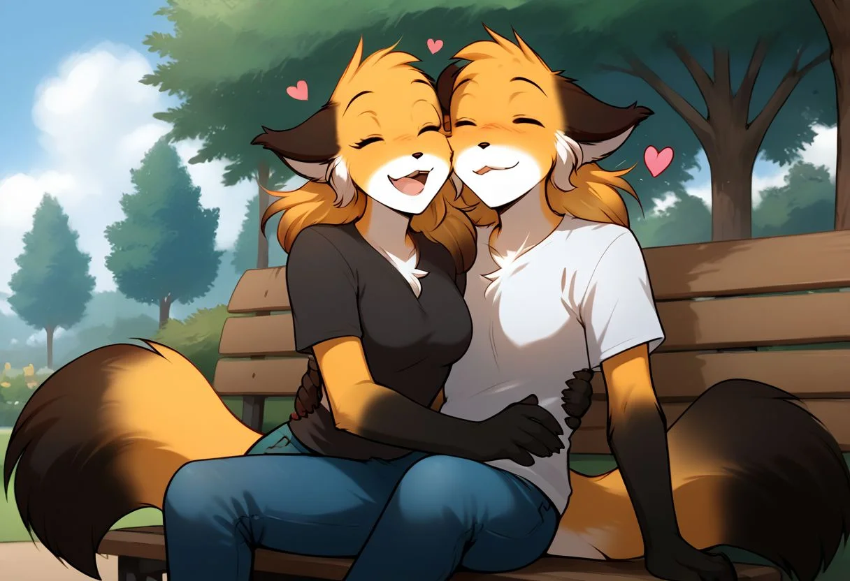 score_9, score_8_up, score_7_up, score_6_up, source_furry, rating_explicit, duo, duo focus, anthro male fox, fox, anthro, Perfect Hands, 1boy, happy expression, laughing, park, Sitting on a bench, thin waist, flat stomach, lean, eyes contact, black T-shirt, jeans
BREAK
score_9, score_8_up, score_7_up, score_6_up, source_furry, rating_explicit, duo, duo focus, female, mike-twokinds, Perfect Hands, 1girl, happy expression, laughing, park, Sitting on the guy's lap, thin waist, flat stomach, lean, eyes close, furry fox paws, white T-shirt, cute shorts, floating hearts, medium breasts