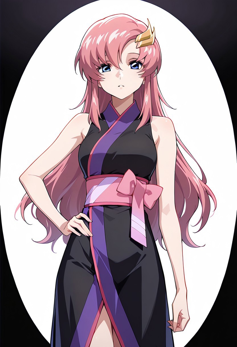 masterpiece, best quality, 1girl, cute, Lacus Clyne, wearing kimono, bare shoulders, bare arms, white background, empty void, (cowboy shot: 1.5), looking at view, one hand on hip, one hand behind head,