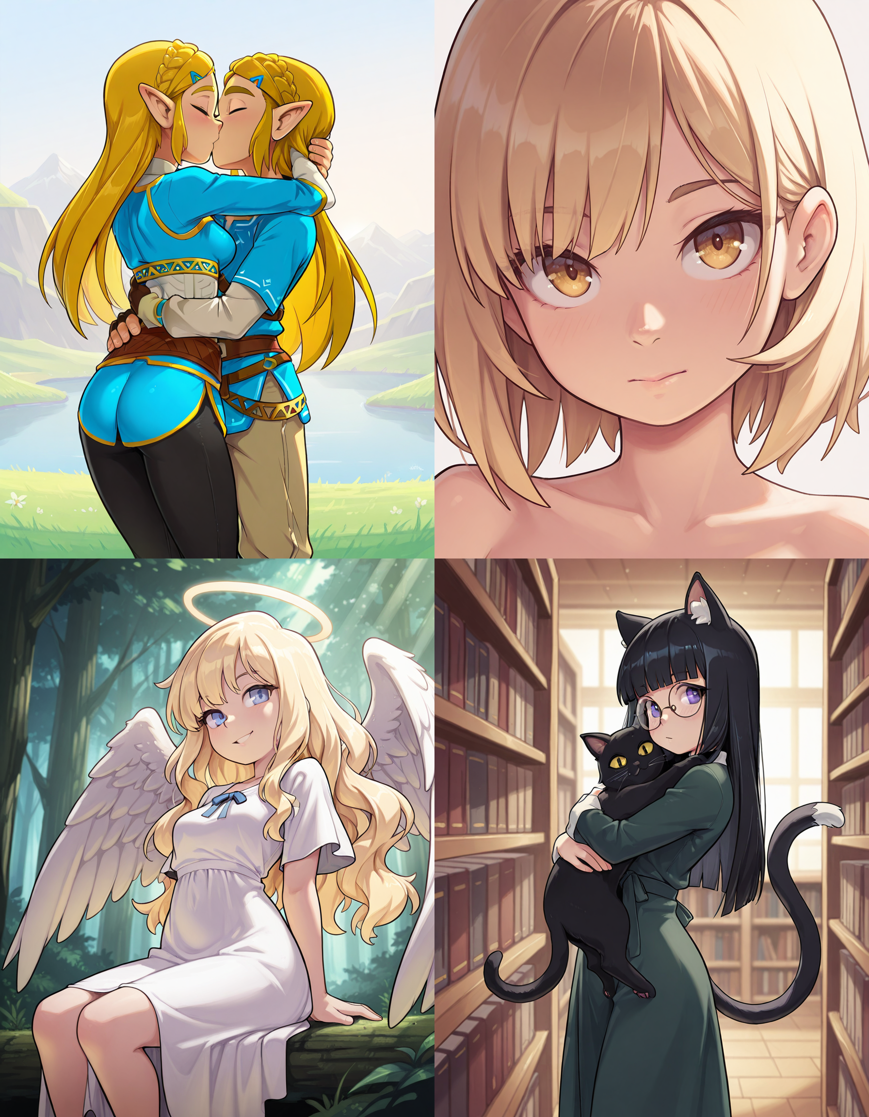 https://civitai.com/articles/8642 __ 1st image: masterpiece, best quality, 1girl, 1boy, princess zelda, the legend of zelda: breath of the wild, standing, kiss, hug, closed eyes, outdoors __ 2nd image: masterpiece, best quality, 1girl, face, portrait, looking at viewer, closed mouth __ 3rd image: masterpiece, best quality, 1girl, solo, blonde hair, wavy hair, angel, angel wings, halo, smile, sitting, forest, white dress __ 4th Image: masterpiece, best quality, 1girl, solo, long hair, black hair, blunt bangs, straight hair, round eyewear, cat girl, cat ears, cat tail, standing, hug, cat, looking at viewer, library