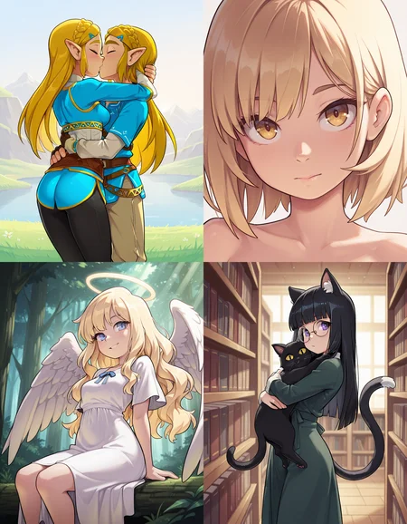 https://civitai.com/articles/8642 __ 1st image: masterpiece, best quality, 1girl, 1boy, princess zelda, the legend of zelda: breath of the wild, standing, kiss, hug, closed eyes, outdoors __ 2nd image: masterpiece, best quality, 1girl, face, portrait, looking at viewer, closed mouth __ 3rd image: masterpiece, best quality, 1girl, solo, blonde hair, wavy hair, angel, angel wings, halo, smile, sitting, forest, white dress __ 4th Image: masterpiece, best quality, 1girl, solo, long hair, black hair, blunt bangs, straight hair, round eyewear, cat girl, cat ears, cat tail, standing, hug, cat, looking at viewer, library