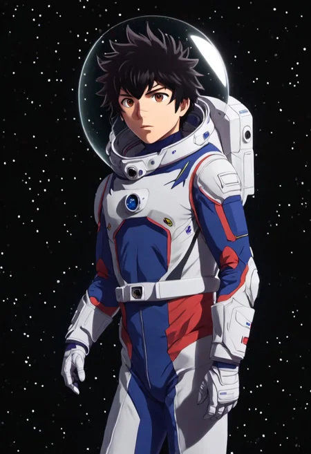 high resolution, solo, best quality, 1Boy, Kanata Hoshijima, Black hair, Brown Eyes, Space Suit, Space, Lost in Space, Astronaut,