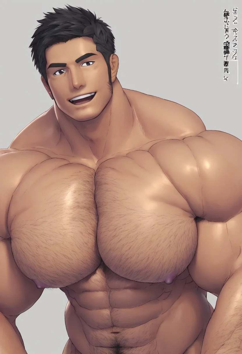 score_9, Artistp1, short hair, dark skinned, black eyes, male, bara, big muscles, big pecs, hairy body, handsome male, curly hair, black hair, happy