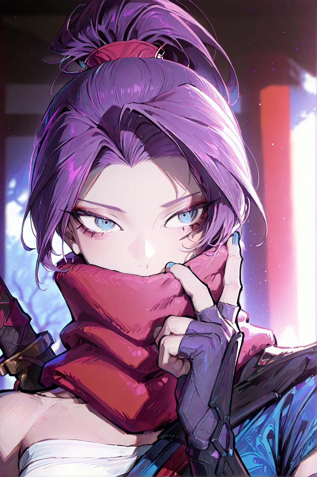 1girl, solo, (portrait:1.5), 30y, <lora:Psylockev1_Illu_Dwnsty:1> psylocke_mvr, blue eyes, purple hair, high ponytail, parted bangs, long hair, red scarf, scarf over mouth, japanese clothes, chest sarashi, kimono, sash, red belt, obi, single shoulder pad, fingerless gloves, arm guards, nail polish, blue nails, black footwear, blue thighhighs, sheath, weapon on back, blurry background, <lora:cgel-style-richy-v1_ixl:1>, <lora:princess_xl_v2:1>, <lora:illustrious_noobai_epsilon_pred_11_very_aesthetic_v1:1> masterpiece, best quality, very aesthetic, absurdres, <lora:illustrious_noobai_epsilon_pred_1_best_quality_v1:0.8> masterpiece, best quality, very aesthetic, absurdres, masterpiece, best quality, amazing quality, very aesthetic, absurdres, ultra-detailed, newest