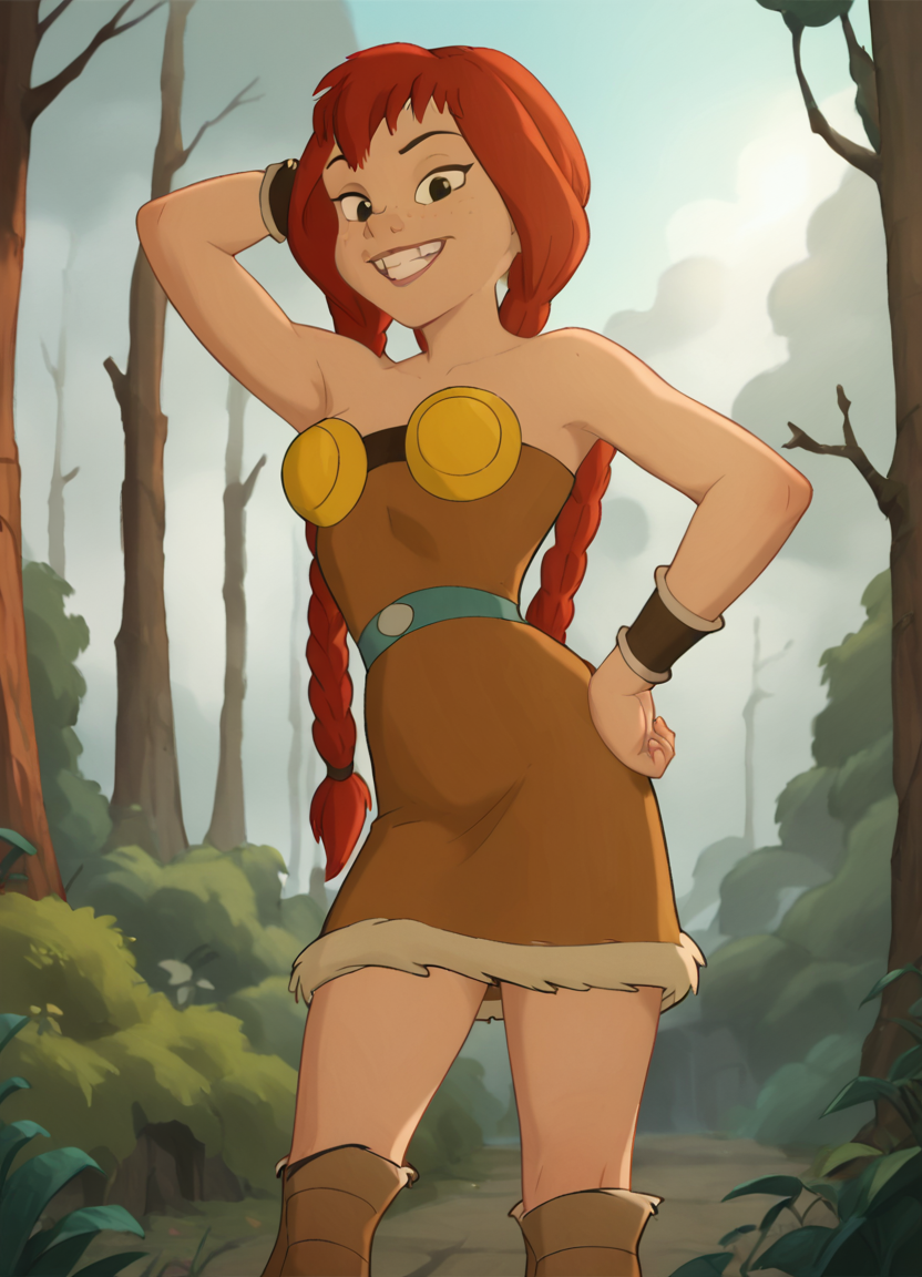 <lora:Abbapony:1> abba, 1girl, solo, breastplate, smile, dress, strapless, breasts, boots,forest,, score_9, score_8_up, score_7_up, score_6_up, score_5_up, score_4_up, looking at viewer, hand on own hip, cowboy shot,teeth,