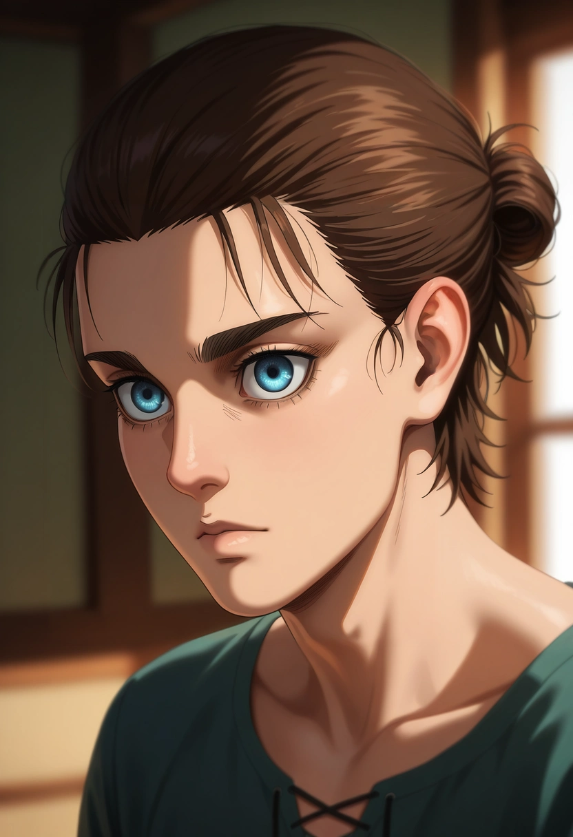 masterpiece, best quality, , (photorealistic:0.6), , depth of field, 1boy, solo, male focus, <lora:eren_yeager_ilxl:0.88>, , eren_yeager_s4, brown hair, blue eyes, short hair, hair bun, single hair bun, ,
