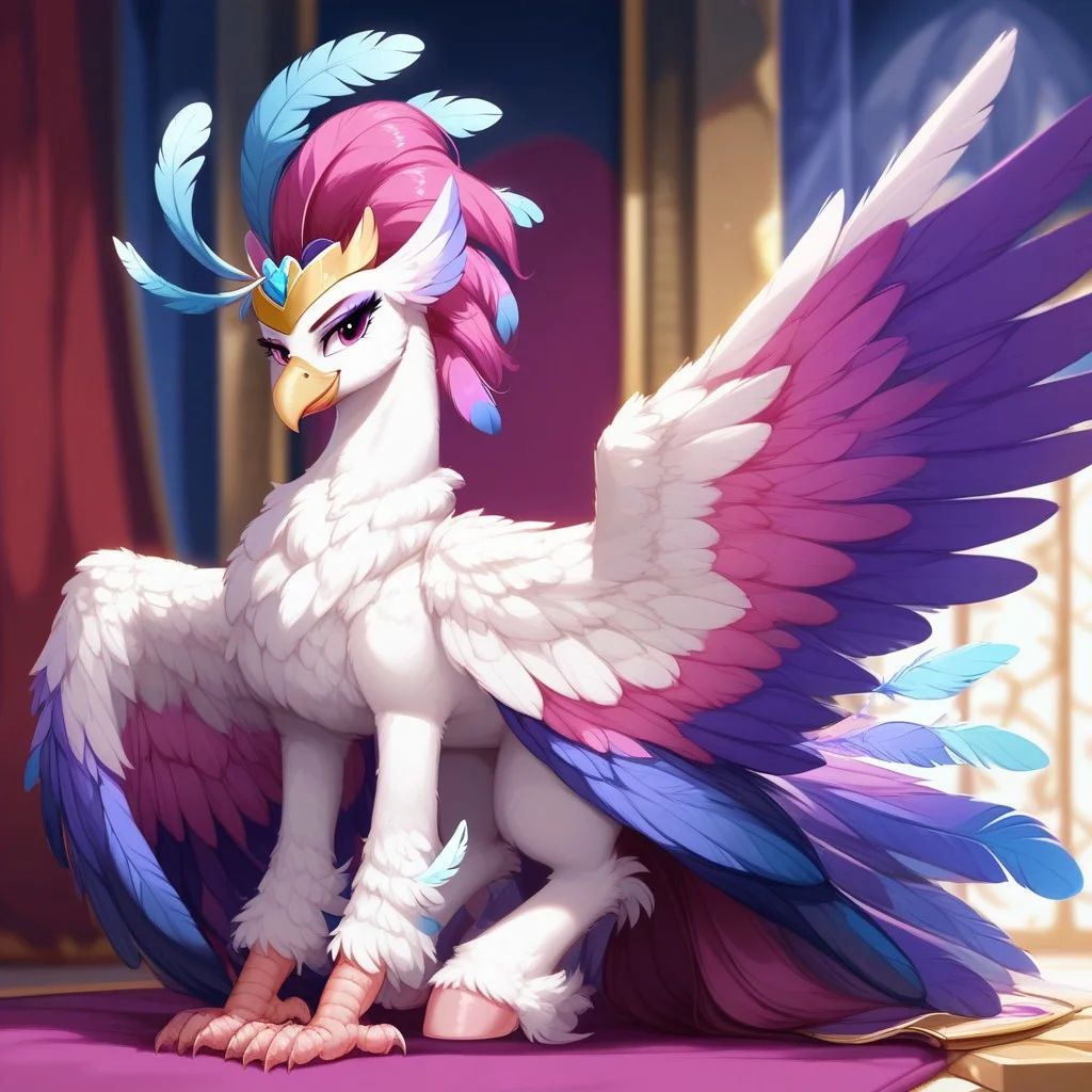 rating_questionable, score_9, score_8_up, score_7_up, pony, Hippogriff, Queen Novo, beak, pink paws, pink hooves, full body, royal throne room, detailed, realistic, BREAK, zPDXL3, megafeatherypony, feathers, feathery, shiny