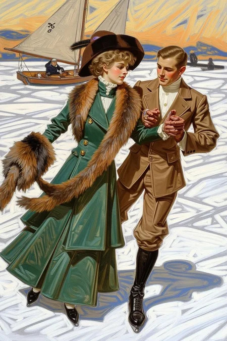 jcleyen1 painting.
A couple ice-skating outdoors on a snowy, icy surface. The woman, on the left, is dressed in a long, green coat with a fur collar and cuffs, a white blouse with a high collar, and a large, wide-brimmed hat adorned with a feather. There is a man on a small sailboat in the background.
<lora:jcleyen1_cap_d6a3e11:1.0><lora:824043704277895807:0>
