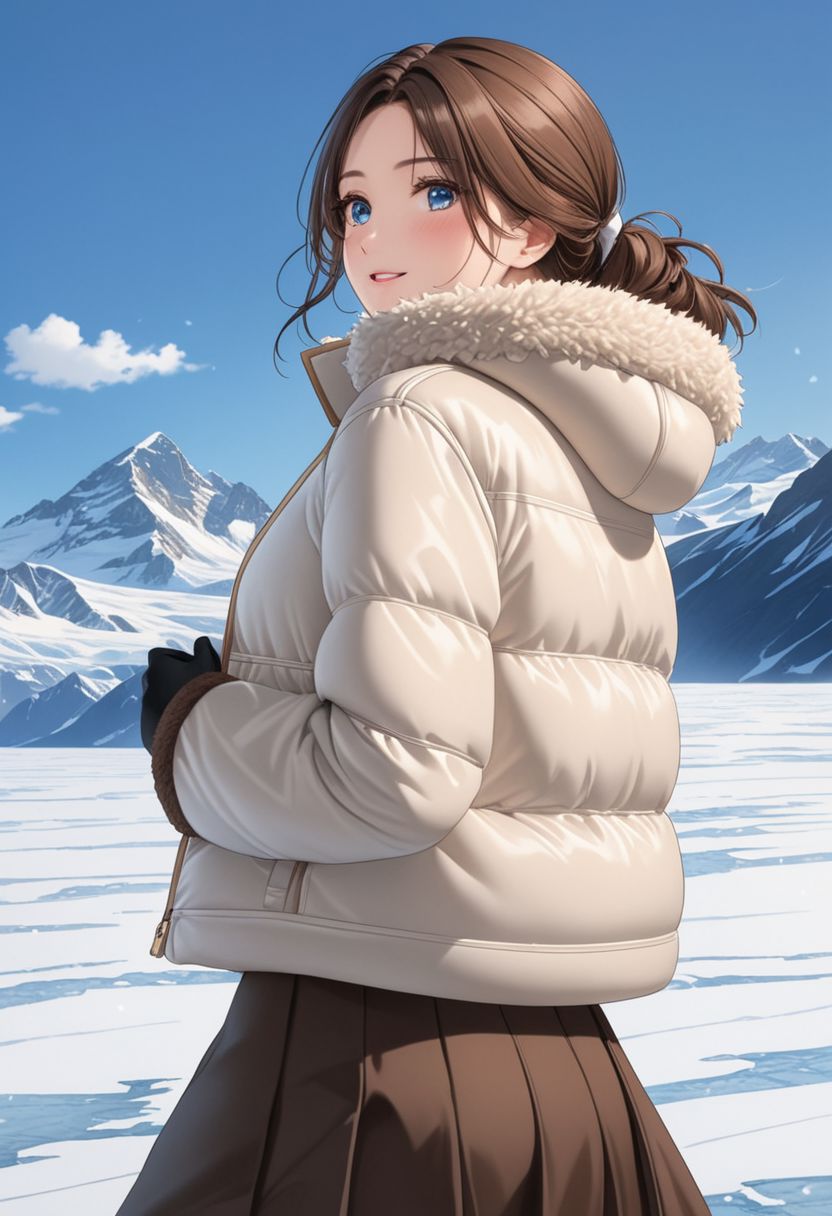 ((((white Oversized shearling down jacket)))), ((((white Oversized shearling puffer jacket)))), ((((white Oversized shearling winter clothes)))), ((((very very cold, in cold)))), ((((semi-realistic)))), ((((puffer hood)))), ((office skirt, pantyhose)), ((((cowboy shot)))), ((((from back)))), ((sharp eyelid, eyeliner, eyelashes, beautiful detailed eyes, tsurime, long messy brown hair, blue eyes, perfect anatomy)), smile, walking, icefield, dynamic pose, ((((masterpiece)))), ((((best quality)))), ((intricate details)), RAW, 8K UHD, (1girl), office lady, detailed face, beautiful face, charming, bonny, (((blush))), (((heavy breathing))), (((feels orgasm))), wind, (Thick padded collar:1.4), (TSH:1.4), (Thick padded cuffs:1.4)