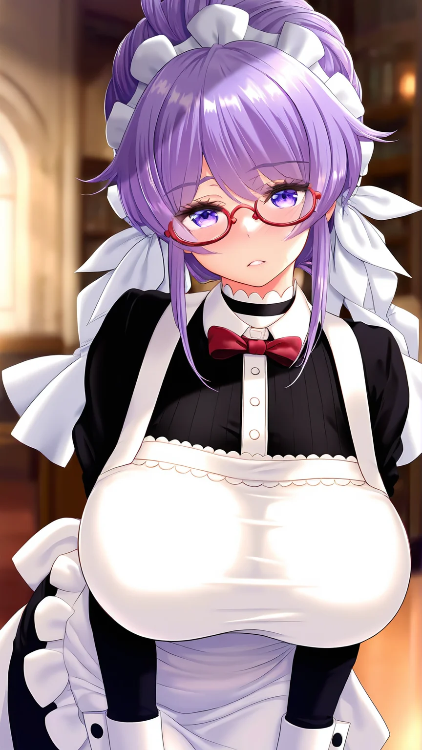 amazing quality,absurdres,best quality,masterpiece,highres,newest,detailed,detailed body,detailed face,masterpiece,best quality,solo,
mitsuka,1girl,breasts,glasses,maid,purple hair,maid headdress,apron,purple eyes,maid apron,huge breasts,<lora:mitsuka:1>,