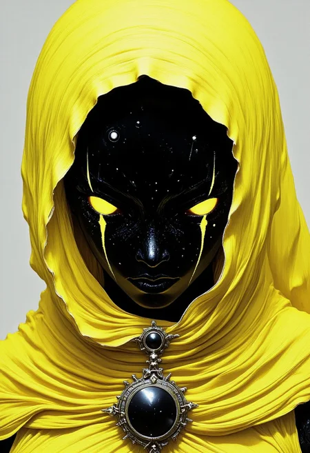 Surreal and Hyperdetailed flat color in translucent Neon Yellow and Grey White hues, cinematic lighting, insane details, A high-resolution closeup Portrait of a faceless ethereal warrior, a Hooded figur with an black shiny polished orb head instead an Face, cyclops