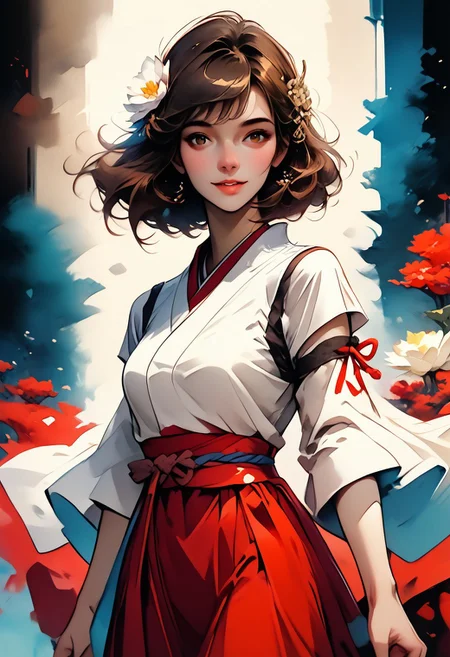 score_9,score_8_up,score_7_up,WATERCOLOR,1girl,solo,breasts,looking at viewer,smile,short hair,skirt,brown hair,long sleeves,hair ornament,bare shoulders,brown eyes,standing,flower,cowboy shot,parted lips,detached sleeves,japanese clothes,sleeveless,hand up,hair flower,wide sleeves,kimono,sash,obi,white flower,white kimono,sleeveless kimono,red sash,