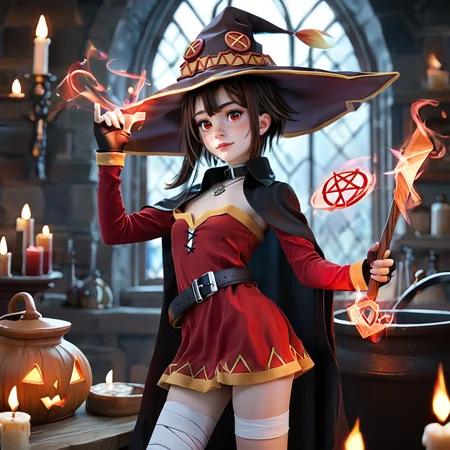 score_9. score_8_up, score_7_up, score_6_up, score_5_up, score_4_up,
<lora:Megumin_Pony:1> , Megumin, short_hair, sidelocks, brown_hair, red_eyes,