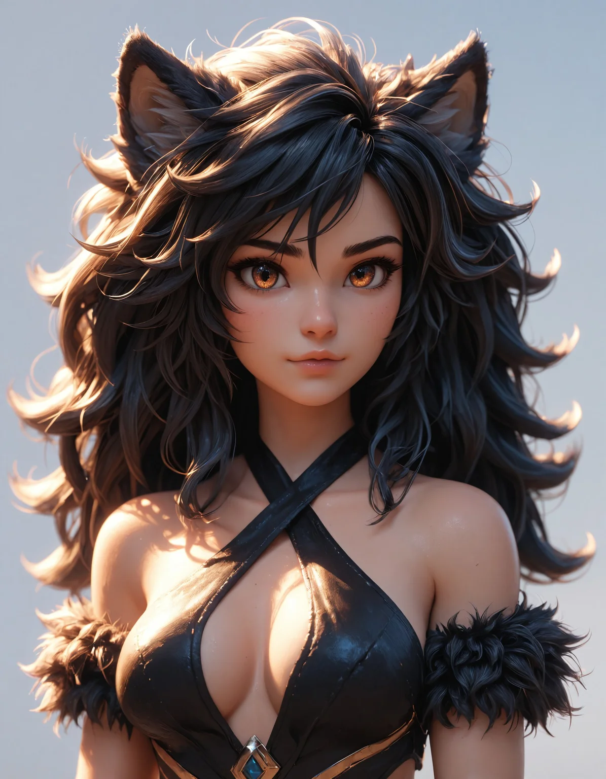 PonyScores7, monster girl, wolf girl, black fur,  fluffy, big hair, bare shoulders, criss-cross halter,
realistic, 3d render, shiny hair
<lora:DetailSlider_pony_v1.4:1>
<lora:MidjourneyMimic_pony_v2:0.3>
<lora:MegaFluffyPonyV2:0.5>