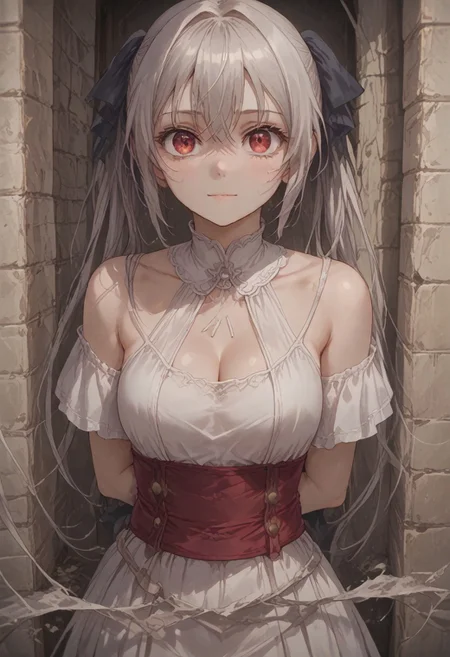 score_9, score_8_up, score_7_up ,source_anime,highres,16k, official art,beautidul detailed hair,beautiful detailed eyes,perfect anatomy,hairdetailer,very aesthetic, absurdres, intricate detailed, very aesthetic,cute face,clear skin,shiny hair,rating_explicit,
in the castle, princess,view from behind,looking back,
1girl, bare shoulders,cleavage, collarbone, tiara, white dress,hair ornament,ribbon on waist,
<lora:lynneburg-clays-s1-ponyxl-lora-nochekaiser:0.8>, lynneburg clays, long hair, red eyes, twintails, grey hair, hair intakes, hair ribbon, smile, solo, full body,
,<lora:detail_eyes:0.><lora:add-detail-xl:0.5>, <lora:flat_sdxl:-0.5> , <lora:Alien_Hive:0.4>,
<lora:xl_fairy_dress-1.0:0.8>