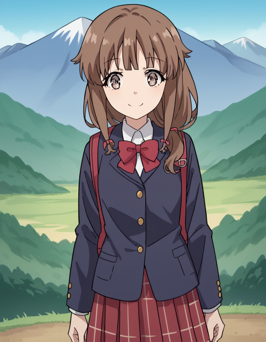 score_9, score_8_up, score_7_up, source_anime, <lora:kaede-azusagawa-s1-ponyxl-lora-nochekaiser:1>, kaede azusagawa, long hair, bangs, brown hair, brown eyes,, skirt, shirt, long sleeves, bow, school uniform, jacket, white shirt, pleated skirt, collared shirt, bowtie, red bow, black jacket, plaid, red skirt, plaid skirt, blazer, red bowtie,, mountain trail, hiking, nature, backpack, adventure, fresh air, smile, looking at viewer, solo,, cowboy shot, dutch angle