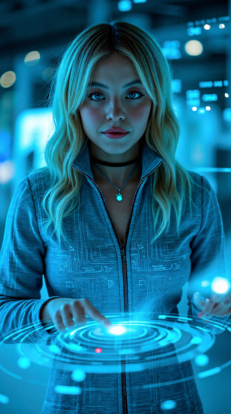 Photorealistic of a potrait shot scene where  a young and gorgeous beauty as a Holographic Interface Designer with long platinum-blonde hair in the center of a futuristic, holographic interface. The vibrant cyan data rings and geometric shapes from the background are surrounding her, some even seemingly projected from her hands as if she’s controlling the interface. Her partially unzipped circuit print stylish futuristic engineer uniform and choker contrast with the high-tech environment, creating a visual blend of the modern and the digital. Her eyes are focused on a specific holographic display in front of her, as if she is analyzing data or searching for information.

subtle, dynamic holographic patterns that shift colors along the stripes of her outfit, integrating her more into the digital environment.faintly glowing lines within her outfit’s fabric, creating a futuristic look that suggests advanced material technology. Her heart pendant have a small, glowing core, pulsing with light in sync with the holographic background. Very realistic overall texture composition.

her hair Loose curls combined with layers that frame the face, enhancing facial features.

varying levels of transparency to different holographic elements, creating a layered and dynamic interface. a slight reflective glare on her lips to match the ambient light, enhancing their natural appearance.minor, flickering glitches or pixelations on some holographic elements, adding realism and a sense of dynamic interaction.

Standing with one hand hovering over a floating holographic interface, fingers slightly spread as she drags a virtual element across the air, eyes focused on the task.