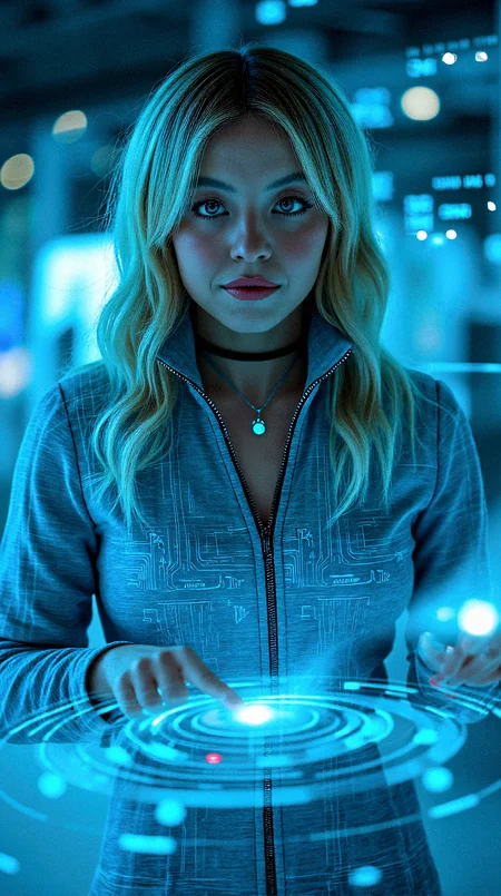 Photorealistic of a potrait shot scene where  a young and gorgeous beauty as a Holographic Interface Designer with long platinum-blonde hair in the center of a futuristic, holographic interface. The vibrant cyan data rings and geometric shapes from the background are surrounding her, some even seemingly projected from her hands as if she’s controlling the interface. Her partially unzipped circuit print stylish futuristic engineer uniform and choker contrast with the high-tech environment, creating a visual blend of the modern and the digital. Her eyes are focused on a specific holographic display in front of her, as if she is analyzing data or searching for information.

subtle, dynamic holographic patterns that shift colors along the stripes of her outfit, integrating her more into the digital environment.faintly glowing lines within her outfit’s fabric, creating a futuristic look that suggests advanced material technology. Her heart pendant have a small, glowing core, pulsing with light in sync with the holographic background. Very realistic overall texture composition.

her hair Loose curls combined with layers that frame the face, enhancing facial features.

varying levels of transparency to different holographic elements, creating a layered and dynamic interface. a slight reflective glare on her lips to match the ambient light, enhancing their natural appearance.minor, flickering glitches or pixelations on some holographic elements, adding realism and a sense of dynamic interaction.

Standing with one hand hovering over a floating holographic interface, fingers slightly spread as she drags a virtual element across the air, eyes focused on the task.