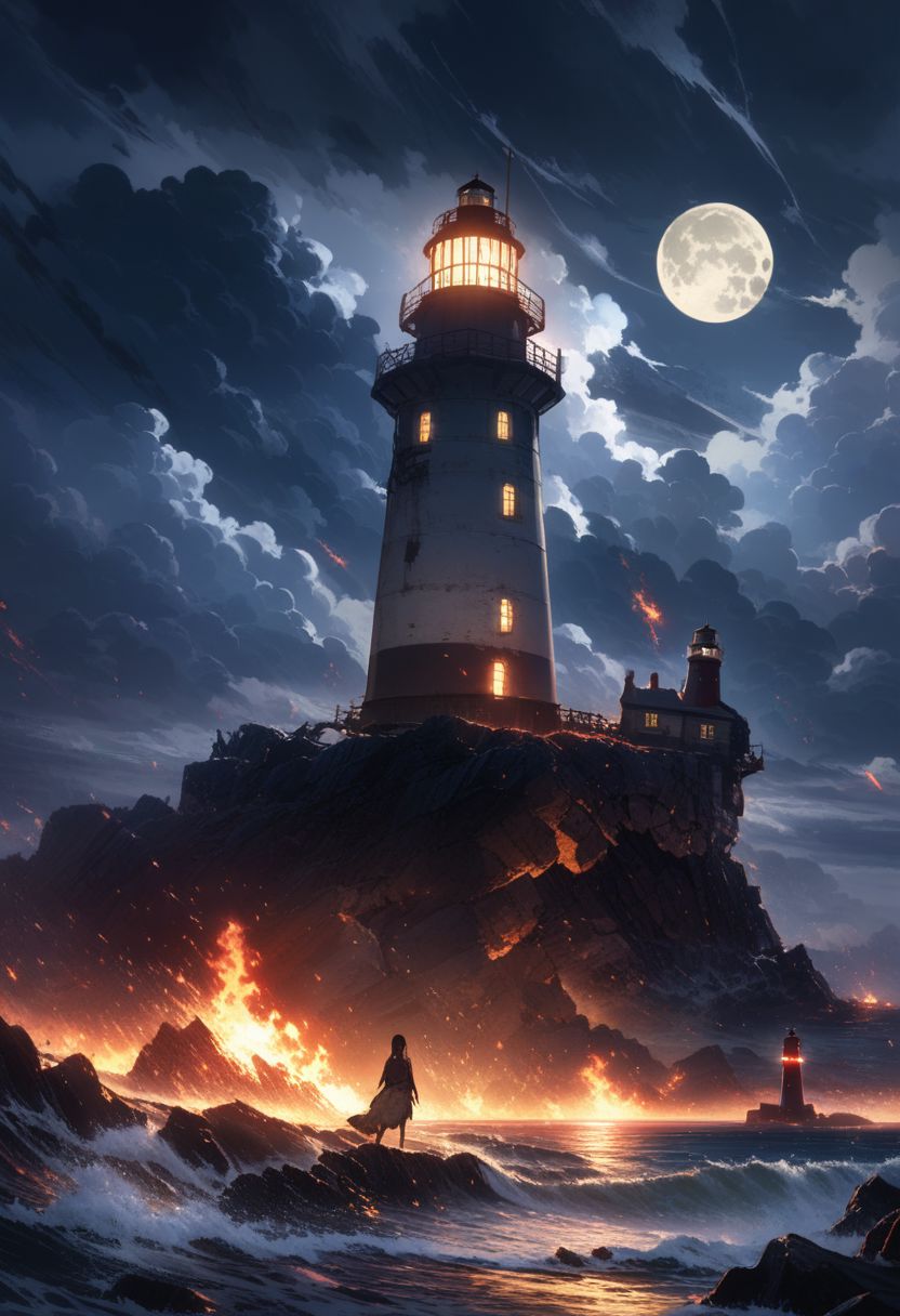 detailed background,( stormy fall night evening landscape), A cold foggy shore, beautiful view, bits of shipwrecks half buried in the sand, heavy rain, late night, cloudy sky, beautiful clouds, (ruined burning lighthouse), large full moon , the sea in the distance in rough, depth of field, masterpiece, best quality, ultra-detailed, very aesthetic, illustration, perfect composition, intricate details, absurdres, moody lighting, wisps of light, Shadow people in the water watching the flames burn the lighthouse,