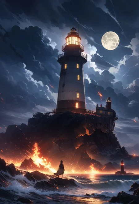 detailed background,( stormy fall night evening landscape), A cold foggy shore, beautiful view, bits of shipwrecks half buried in the sand, heavy rain, late night, cloudy sky, beautiful clouds, (ruined burning lighthouse), large full moon , the sea in the distance in rough, depth of field, masterpiece, best quality, ultra-detailed, very aesthetic, illustration, perfect composition, intricate details, absurdres, moody lighting, wisps of light, Shadow people in the water watching the flames burn the lighthouse,