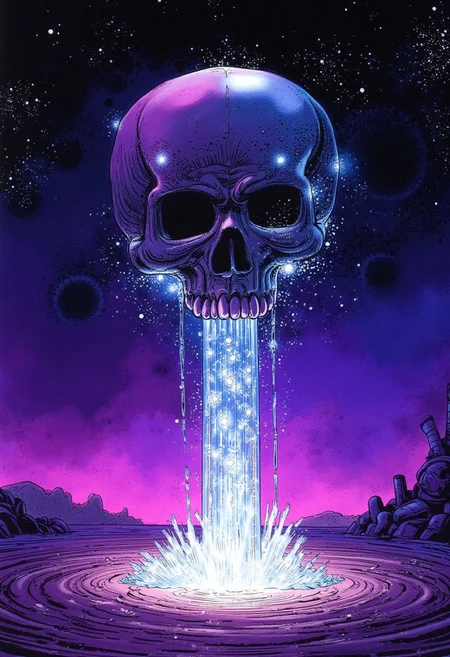 Illustration by Jean-Claude Mézières of a cosmic skull floats in the void, jaw open as glowing, star-filled liquid cascades into a swirling pool of energy. Vibrant hues of purple, blue, and magenta shimmer with stars and galaxies. The skull’s surface reflects cosmic light, set against an infinite starry backdrop, symbolizing life, death, and rebirth.
A surreal cosmic skull floating in the void of space, its jaw agape as luminous, star-filled liquid flows out like a galactic river, cascading into a swirling pool of light and energy. The liquid shimmers with vibrant hues of purple, blue, and magenta, illuminated by stars and distant galaxies. The background features a starry expanse, with celestial bodies glowing faintly in the distance, evoking a sense of infinity and the mysterious origins of the universe. The skull appears both ancient and otherworldly, its surface reflecting the ethereal glow of the cosmos around it, symbolizing the eternal cycle of life, death, and rebirth within the fabric of the universe.