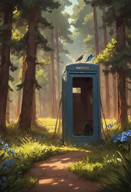 score_9, score_8_up, score_7_up, score_6_up, score_5_up, score_4_up,
<lora:ScenicHorizonsV3.1:1> sc3n1ch0r1s0ns,
phone booth, flower, sky, day, tree, bird, animal, sunlight, grass, bug, butterfly, scenery, nature, blue flower, forest,