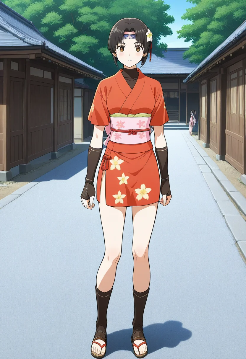 1girl, solo, linroninsoul, black hair, short hair, parted bangs, hair flower, headband, brown eyes, short kimono, short sleeves, floral print, shirt, turtleneck, obi, sash, kote, japanese clothes, toeless legwear, sandals, outdoors, japanese village, full body, standing, looking at viewer