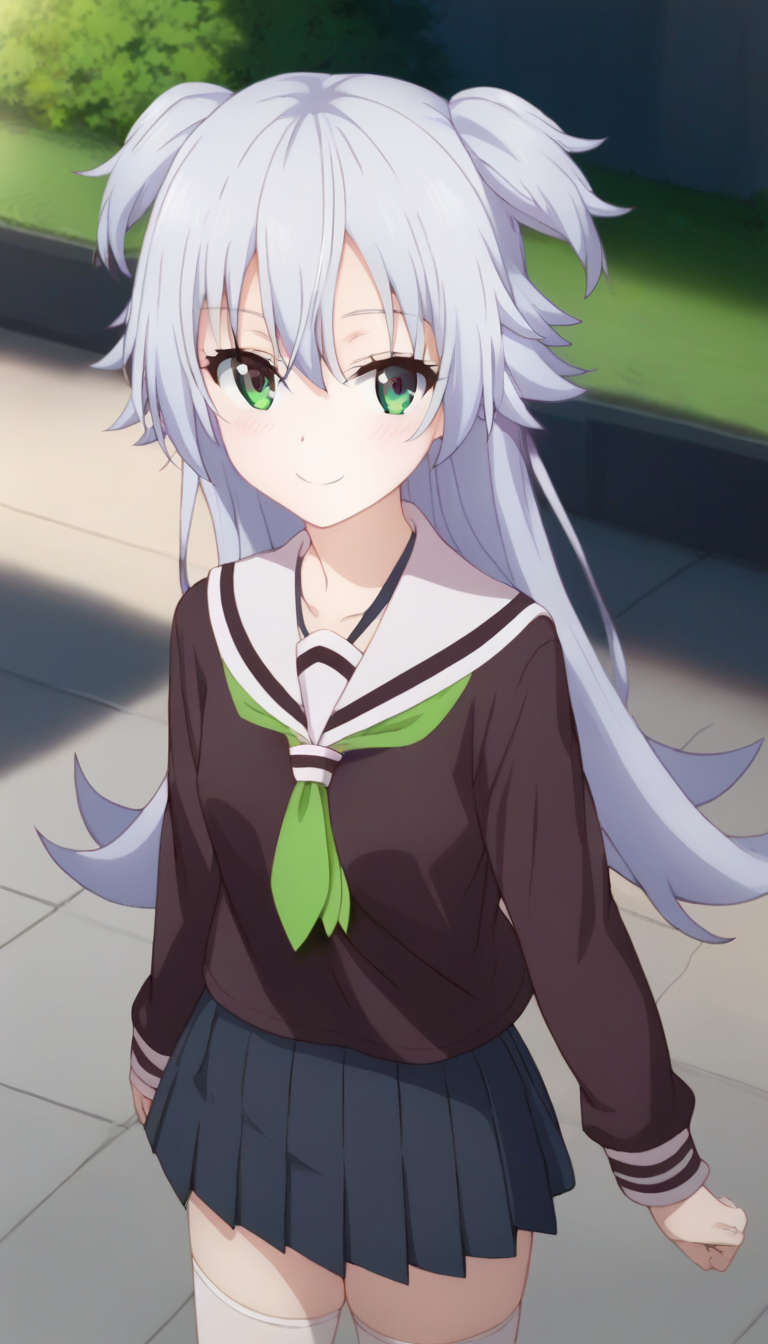 score_9,score_8_up,score_7_up,score_6_up BREAK official art,solo,outdoors,cowboy shot,looking at viewer,facing viewer,smile,blush,(petite:1.5),Tenkuji Sora,very long hair,grey hair,two side up,hair between eyes,parted bangs,green eyes,school uniform,white sailor collar,black shirt,green neckerchief,long sleeves,small breasts,miniskirt,black skirt,pleated skirt,zettai ryouiki,white thighhighs,loafers,<lora:Tenkuji Sora(dhh)-Pony:1.8>,
