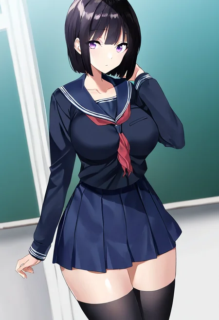 masterpiece,best quality,
<lora:MSIZE_Style_Pony:1>,msize_style,1girl,solo,black hair,short hair,bob cut,purple eyes,school uniform,serafuku,sailor collar,red neckerchief,black thighhighs,blue skirt,pleated skirt,zettai ryouiki,collarbone,large breasts,
looking at viewer,cowboy shot,dutch angle,dynamic pose,
