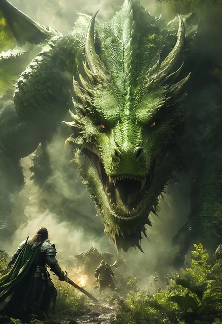 very dark focused flash photo, amazing quality, masterpiece, best quality, hyper detailed, ultra realistic lighting, UHD, perfect anatomy, (Green dragon:1.3), portrait, dof, hyper-realism, majestic, (four different heroes:1.4), (dnd Fighter, dnd druid, dnd ranger, dnd wizard:1.6), awesome, inspiring, Capture the thrilling showdown between the four heroes and the colossal Green Dragon boss in an epic battle amidst swirling leaves and (dust-motes in scattered sunbeams). Embrace the action and chaos as these formidable forces clash in the (boggy swamp amid willowy trees). cinematic composition, soft shadows, national geographic style