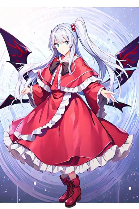 Shinki \(touhou\), light blue eyes, white hair, side ponytail, 1girl, hair bobbles, long hair, red dress, long sleeves, capelet, frilled capelet, boots, multiples wings, black bowtie