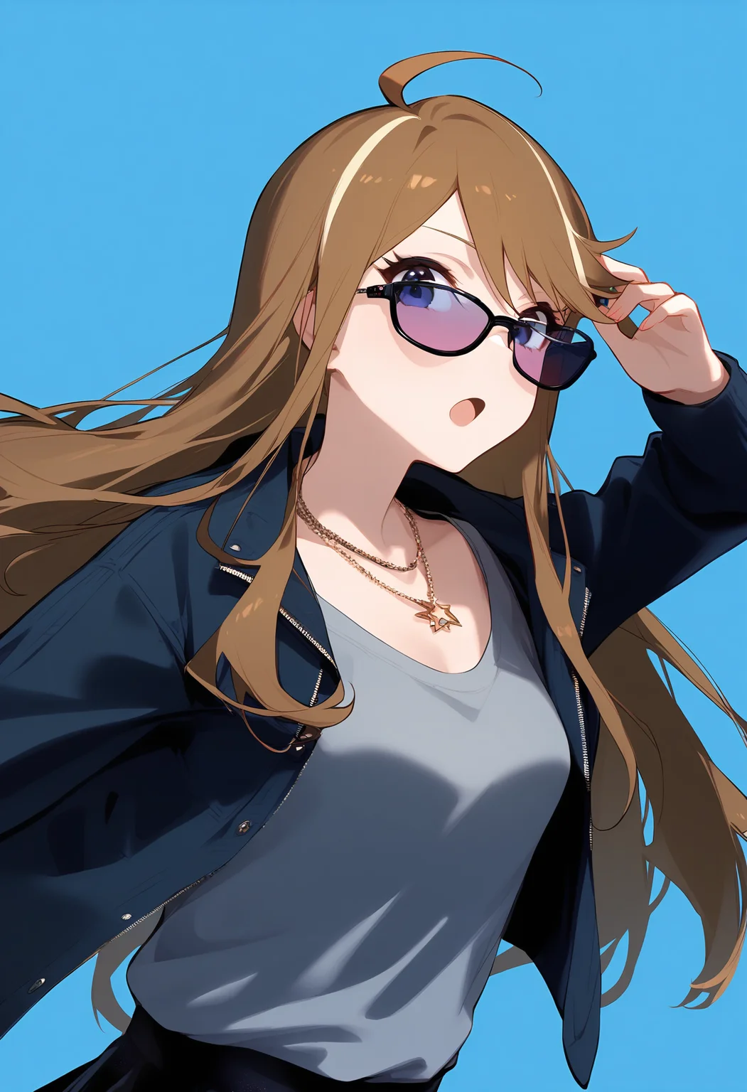 1girl,
tokoro megumi,
ahoge, alternate costume, blue eyes, sunglasses, jewelry, collarbone, looking over eyewear, open clothes, casual, grey shirt, blonde hair, black skirt, blue background, jacket, brown hair, necklace, open jacket, hair between eyes, sidelocks, two-tone shirt, swept bangs, adjusting eyewear, solo, open mouth, skirt, pink hair, long hair, shirt, streaked hair, long sleeves, looking at viewer, simple background, upper body, multicolored hair, black shirt,
sfw
<lora:a31_char_new_tokoro_megumi-000018:1> <lora:a31_style_koni-000010:0.8>