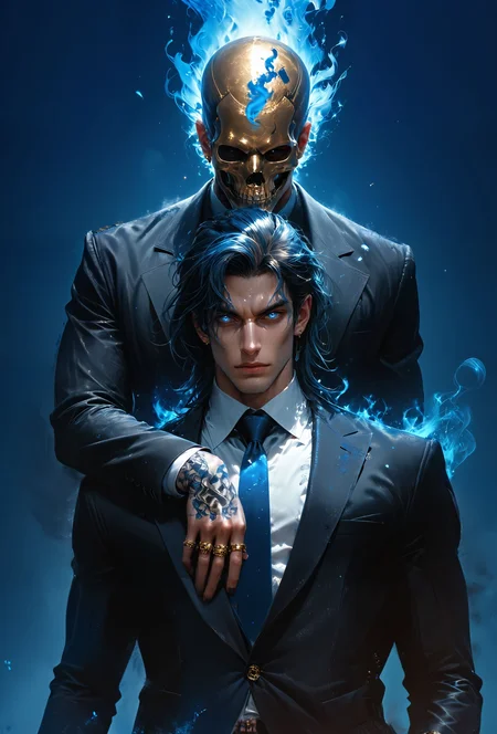 (score_9, score_8_up), score_7_up, 2boys, bara, blue hair, floating hair, Highly detailed RAW color Photo, shirt, long sleeves, glowing eyes, cowboy shot, jewelry, jacket, dimly lit room, gold chains, earrings, necktie,  black nail polish, collared shirt, elegant pose, necklace, black jacket, gradient background, tattoo, glowing, formal, ring, suit, cross, mask, skull mouth mask, metallic texture, blue theme, blue fire, multiple rings, hand tattoo, simple background, dark blue background, blue theme, gorgeous details, depth perception, backlighting, photorealistic, breathtaking scenery, perfectly rendered reflections, detailed cloth,
dark lighting, dof, depth of field, realistic, dark background, CINE, blue embers, low-key,
<lora:unholy-000009:0.8> <lora:CINE-000008:0.4>
<lora:sinfully_stylish_SDKL:0.5> <lora:xl_more_art-full_v1:0.4> <lora:zavy-cntrst-sdxl:0.7> <lora:hand 4:0.5>