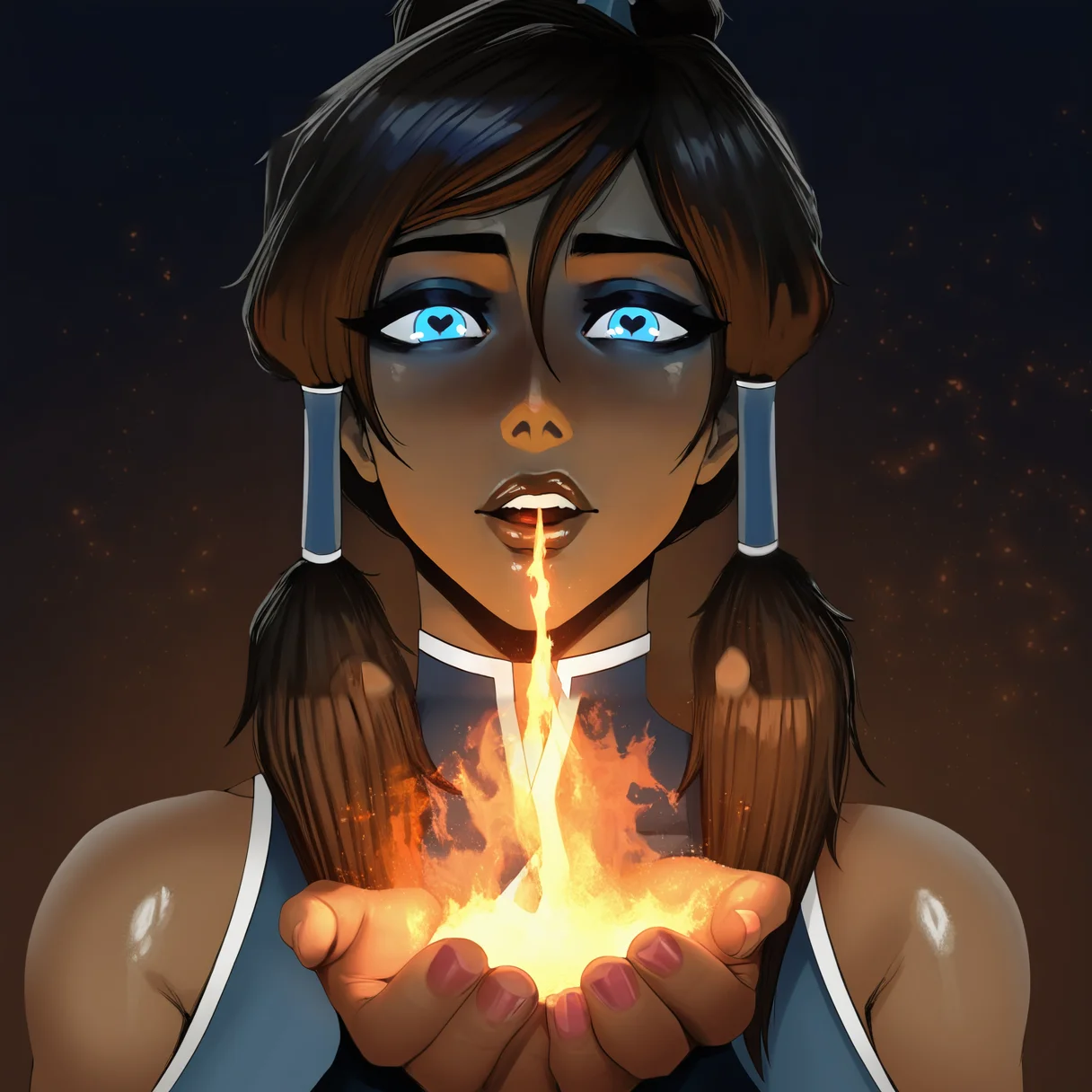 korra, 1girl, solo, blue tribal clothes, cupping hands, holding fire, fire reflection, eye reflection,
<lora:nyuunzi_noobaivp1_43:1> supnu21, ,masterpiece, best quality, newest, absurdres, highres,