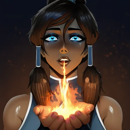 korra, 1girl, solo, blue tribal clothes, cupping hands, holding fire, fire reflection, eye reflection, 
 <lora:nyuunzi_noobaivp1_43:1> supnu21, ,masterpiece, best quality, newest, absurdres, highres,
