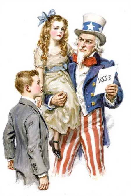 jamesmontgomeryflagg1 illustration.
On the right is Uncle Sam in a blue jacket, pants with red and white stripes, a white shirt, and a top hat with a star and blue band. He holds a piece of paper labeled "VSS3." He holds a young girl in his arm. The girl wears a light dress with a blue ribbon. On the left stands a boy, shown in side profile, wearing a gray suit. The background is plain. <lora:jamesmontgomeryflagg1_cap_d8a4e12:1.0><lora:859137247457331170:0>