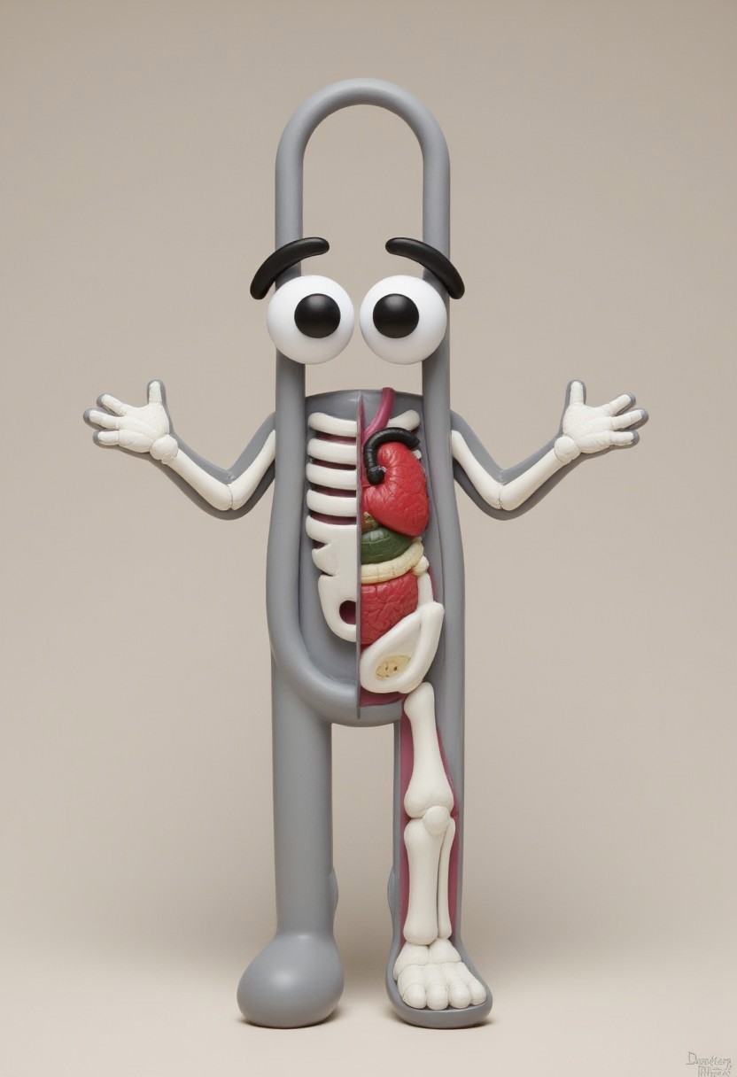 A 3D-rendered Clippy figure, split down the middle, presenting two contrasting themes. One half reveals clippys skeletal structure, with white bones and visible organs such as a bright red heart and green liver.  The other half displays the classic Clippy as a paperclip with big eyes.