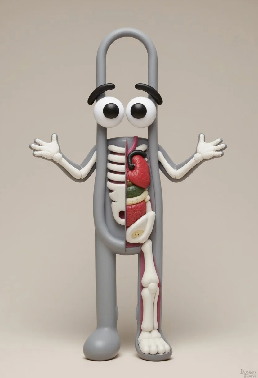 A 3D-rendered Clippy figure, split down the middle, presenting two contrasting themes. One half reveals clippys skeletal structure, with white bones and visible organs such as a bright red heart and green liver. The other half displays the classic Clippy as a paperclip with big eyes.