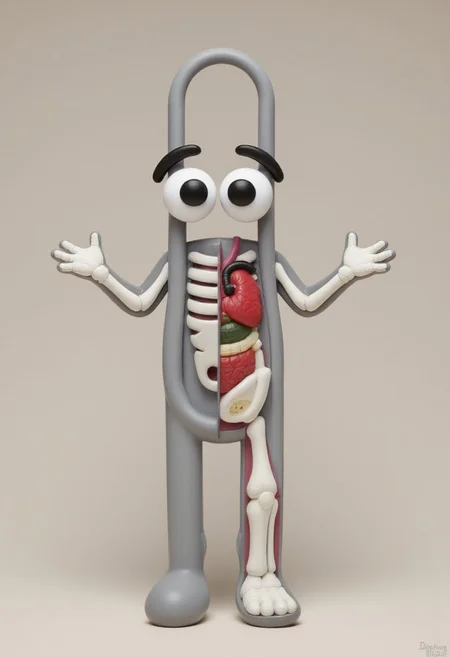 A 3D-rendered Clippy figure, split down the middle, presenting two contrasting themes. One half reveals clippys skeletal structure, with white bones and visible organs such as a bright red heart and green liver. The other half displays the classic Clippy as a paperclip with big eyes.