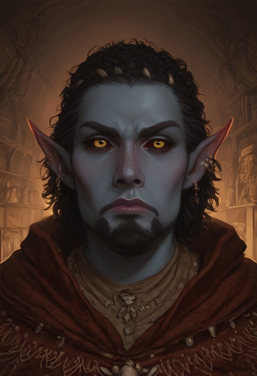 solo, short pointy ears, piercings, random elf face, aquiline features, male dark elf, masculine, long beard, weathered skin, large nose, athletic build,  animated realism, zoomed out, Syrian features, torso, brass pipes and gears, intricate architecture, dwarven masonry, dwemer fixtures, white-green light, gloomy lighting, ancient ruins, interior, stone tiled floor, grey-blue skin, mahogany and ivory clothes, medium armor, bone plate armor, ivory straps and fittings, alien bone ornaments, grey wood neckguard, dark red sclera, black pupils, distant mushroom forest, blue-green light, neon, highly detailed, defined features, looking at viewer, three quarters view, from front, dynamic lighting, 18 years old, light and shadows, patterned cloth, annoyed expression, expressive eyes, detailed medieval clothes, short hair, wavy hair, thick hair, beaded hair, braided hair, under cut hair, semirealistic, alien elf, spanish features, jewish features, black hair, dark red hair, umber skin, sharp features, pastel green berber print cloak, nighttime, high detail, absurdres, pretty eyes, detailed eyes, yellow eyes,