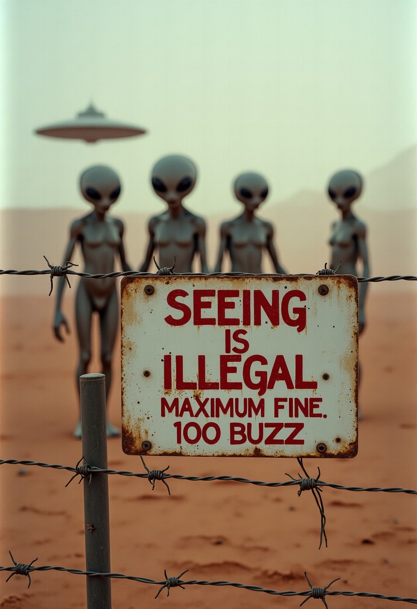 [Paranormal evidence photograph ] ((A warning sign with the words "Seeing is Illegal: Maximum Fine 100 Buzz" seen printed in easily seen legible font, is seen on a (barbedwire fence) in a (hot desert)), ( Only the text "Seeing is Illegal: Maximum Fine 100 Buzz" is seen printed on the warning sign that is on a (barbed wire fence) in a desert where (heat haze) rises from the sand)), 
<< BREAK >> ,
((In the distant background, deeper in the desert is an aiforce base, (flyingsaucer type UFO's), and (frightening aliens with (bulbous grey heads) and giant (all black eyes), (they are all seen behind the warning sign with the script "Seeing is Illegal: Maximum Fine 100 Buzz" seen printed on it. ))
[(photographed using a Hasselblad 500CM with a Zeiss Distagon 40mm f/4 lens), (soft focus effect), (photographed on Kodak Portra 400 film, pushed two stops to enhance grain and shadow detail)]