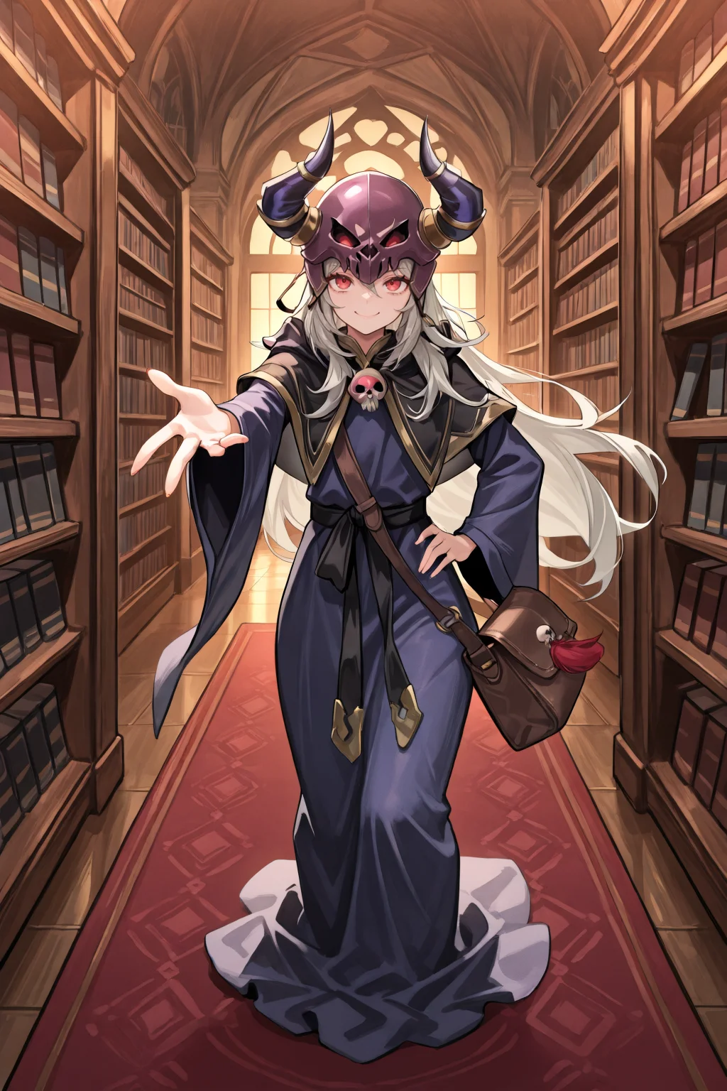 masterpiece, very aesthetic, absurdres, best quality, amazing quality, high resolution, <lora:illustrious_quality_modifiers_masterpieces_v1:0.8> , <lora:ChamIllustriousBackgroundEnhancer:0.5>, solo, <lora:NecromancerIL:0.7> , necdef, adult male, 1boy, red eyes, long hair, grey hair, skull, horned helmet, horns, fake horns, skull brooch, black capelet, robe, long sleeves, bag, full body, looking at viewer, smile, interior, study, library, bookshelves, hand on hip, reaching towards viewer,