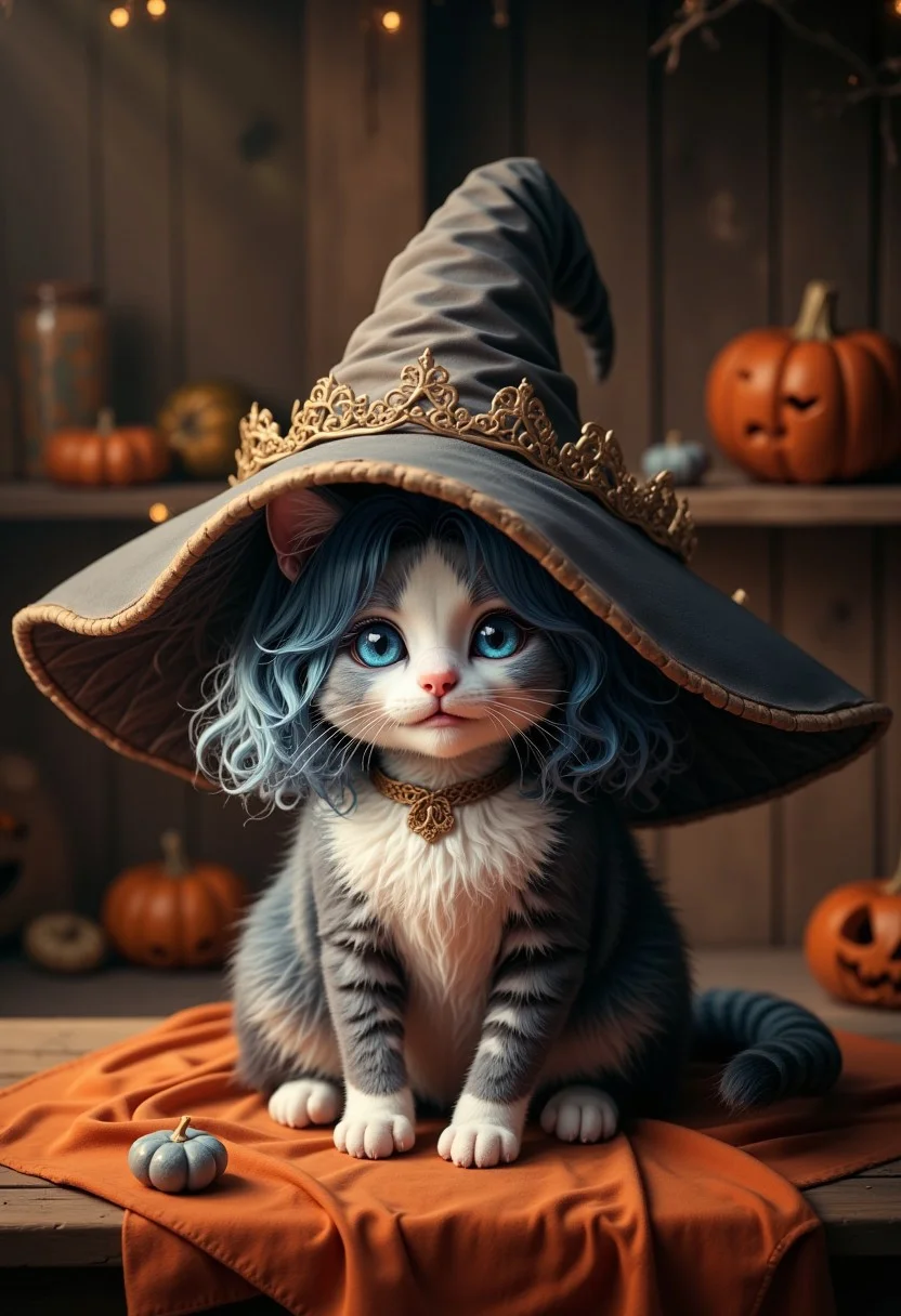 cute witch cat. seat on table. witvhh hat. animal. smile. pumking on table. halloween holiday