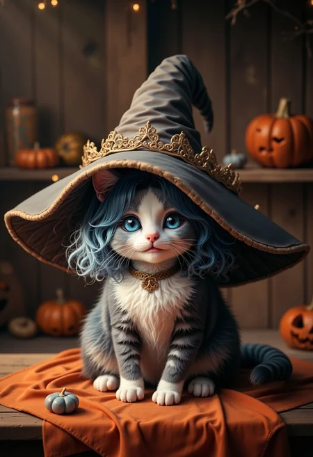 cute witch cat. seat on table. witvhh hat. animal. smile. pumking on table. halloween holiday