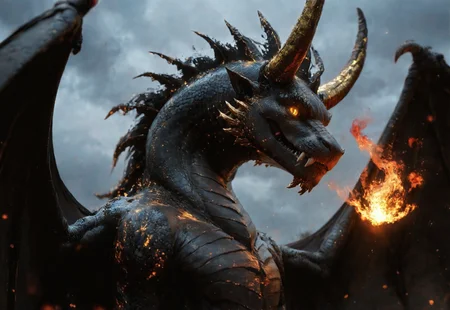 score_9, score_8_up, score_8_up, Expressiveh, masterpiece, raw quality, best quality, extremely detailed, stunning beautiful, high definition, HD, 4k, a realistic giant western dragon standing in a meadow, no human, black scales, black wings, golden horns, fangs, golden eyes, slit eyes, mischievous smile, head raised, looking viewer, haughty look, swirling flame particles, night time, cloudy, below view, view from the ground, from under the dragon, body marking, red marking, glowing, made of fire, hkmagic, close up,