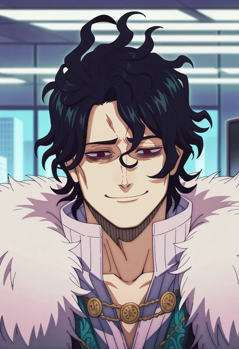 1boy, solo, messy hair, black hair, green patch, red eyes upper body, fur trim, office, upper body, smile, tired eyes